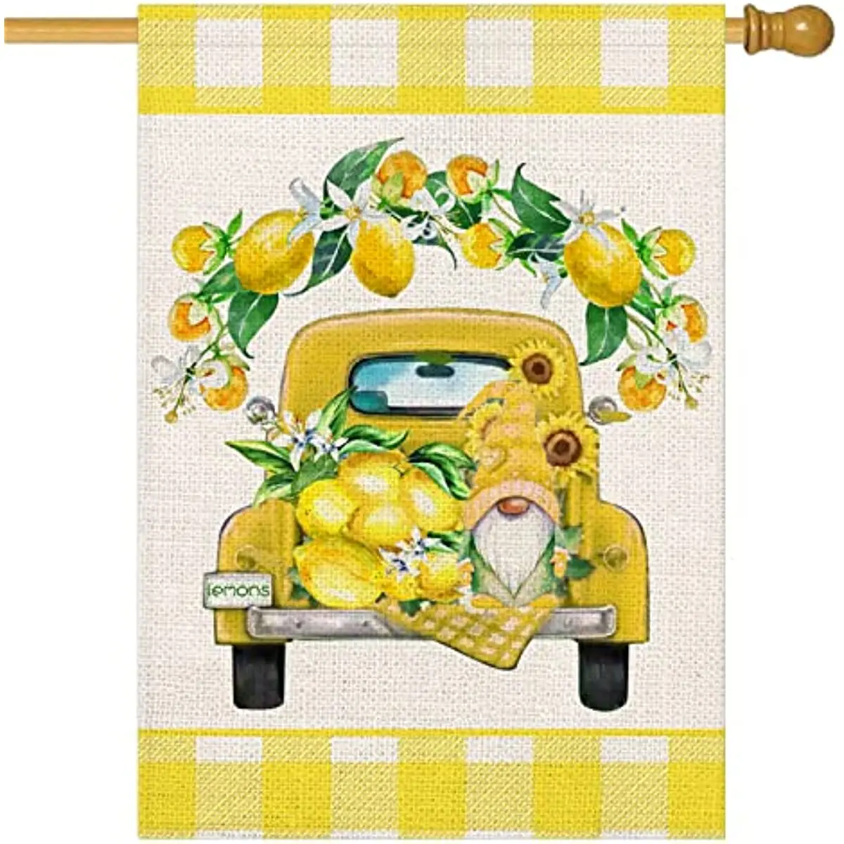 

Hello Summer Lemon Outdoor House Flag Buffalo Yellow Truck Garden Flag with Lemons Gnome Sunflower Floral Farmhouse