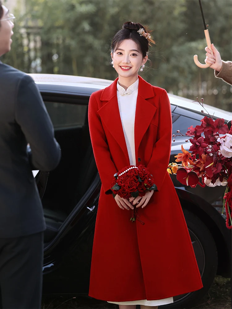 Новогоднее красное кашемировое пальто женское High Sense 2024 новинка 00% шерсть