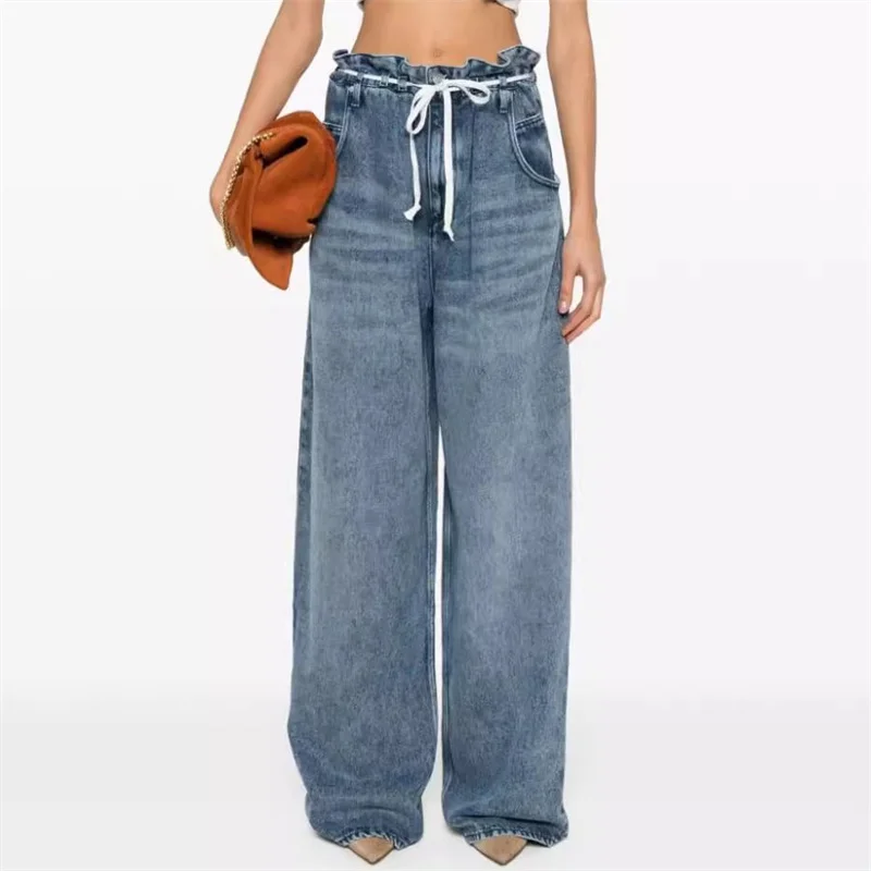 Женские брюки Новинка лета 2024 узкие джинсы на шнуровке с высокой талией прямые из