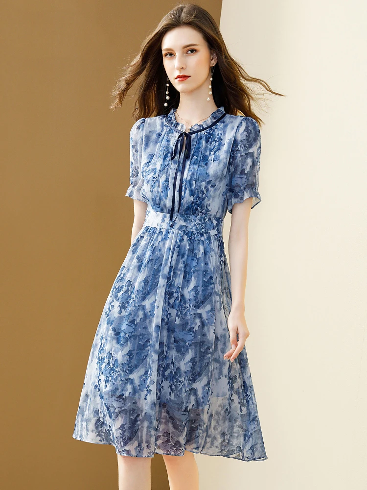 

ELLIEXI Women Summer Chiffon Dress Print Slim Elegant Office Lady Bow Party Dresses Casual Floral Midi Blue Vestidos 2023