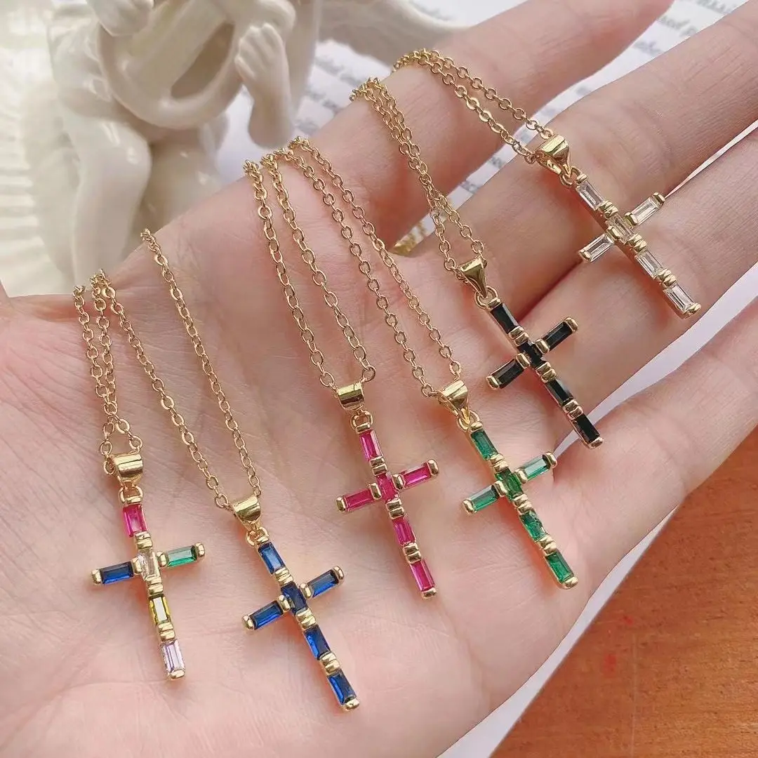 

5Pcs Fashion Rainbow Cz Crystal Cross Pendant Chain Necklace Gold Plated Choker Necklaces Party Jewelry Gifts Women