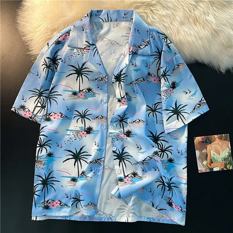 

Korean Coconut Tree Full Print Short Sleeve Shirt Men Women Blouse Loose Casual Student Button Up Shirt All-match Summer Shirts