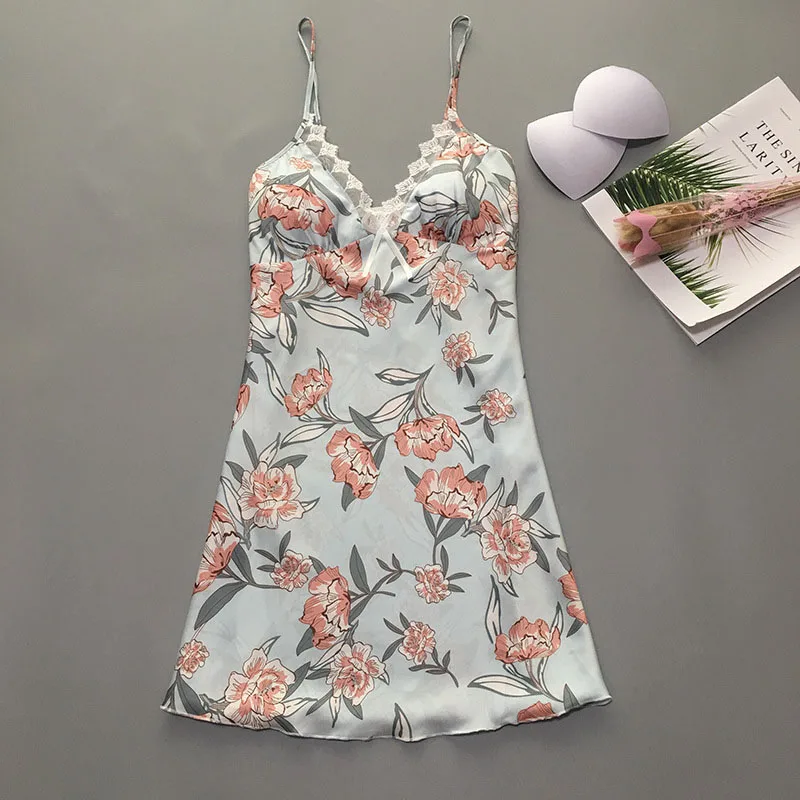 Women Satin Silk Sleep Dress Sling Lace Floral Printed Mini Dress Pajamas