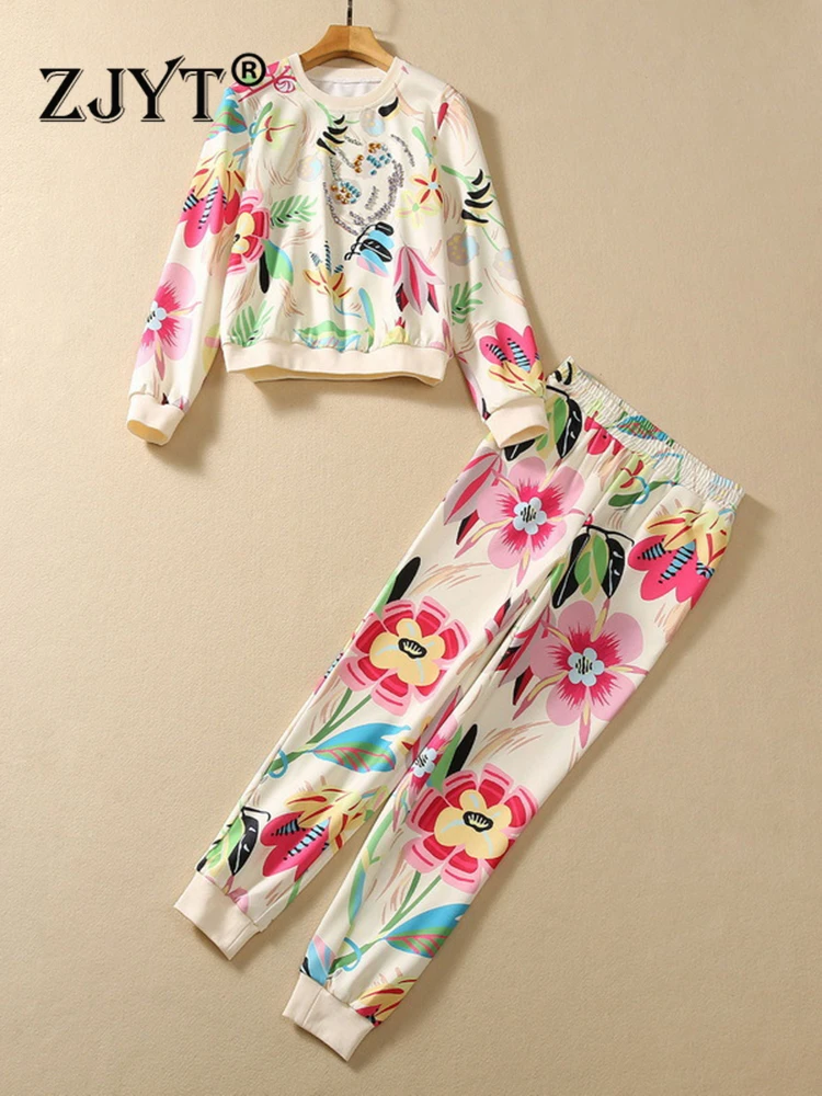 

ZJYT Floral Print Diamonds Casual Hoodies Pant Sets Matching 2 Piece Women Outfit Top Trousers Suits Conjunto Mujer Autumn 2023