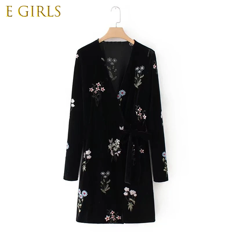 

E GIRLS New Women Winter Embroidery Dress Female Long Sleeve Vintage V Neck dress empire loose floral velvet dress vestidos