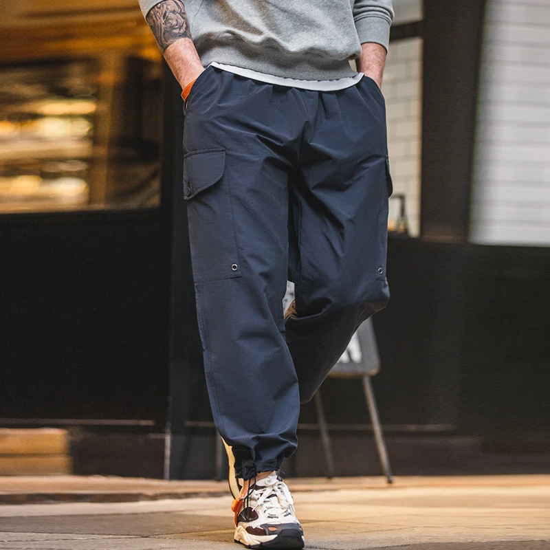 

Men's M65 Cargo Pants Amekaji Vintage Drawstring Loose Multi-pocket Straight Long Pants Dark Plaid Leisure Ankle-tied Trousers