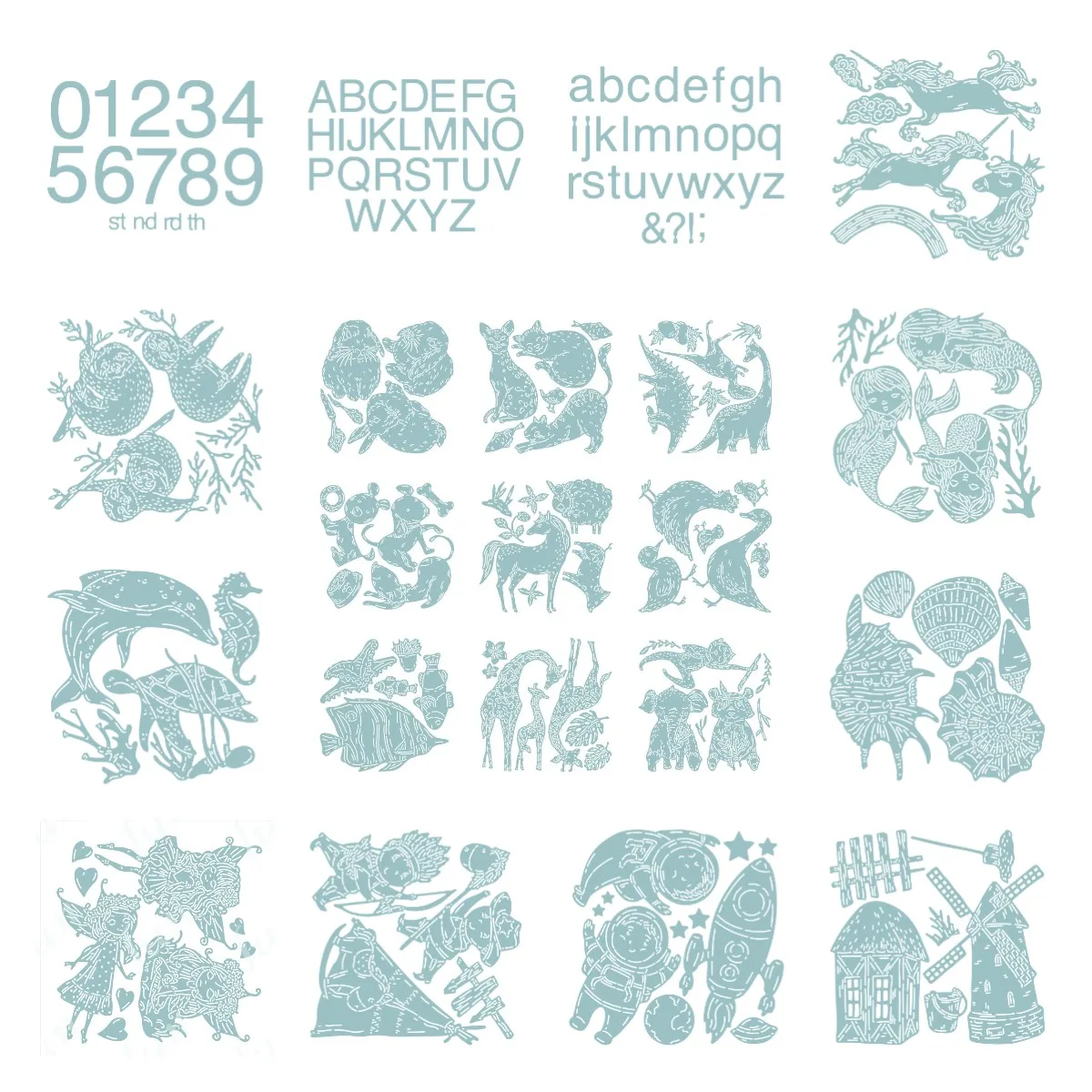 

Upper Lowercase Alphabet Numbers Unicorns Sloths Shells Dinos Cowboys Cats Bunnies Cutting Dies Diy Paper Cards Embossing Molds