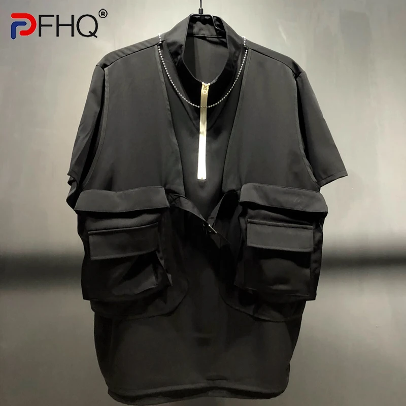 

PFHQ Summer Men's Chain Underlay Vest Strap Fake Two Pieces Small Loose Fit Darkwear Pockets Zippers Baggy Tide T-shirt 21Z1088