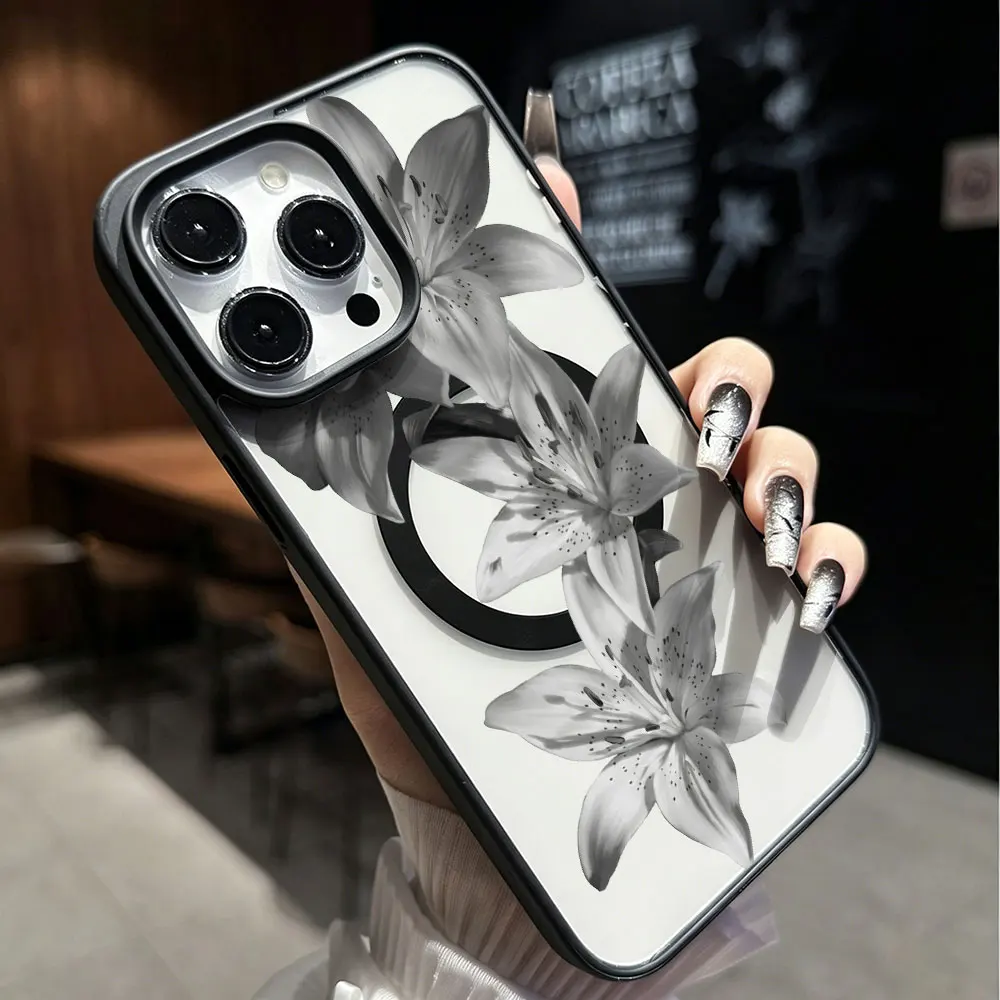 Фото Минималистичный силиконовый акриловый чехол с цветочным узором для iPhone 15, 17, 16 Pro Max, 14, 13, 12, 11, 16, 14, 15 Plus, 17 Air, черный, белый, с лилиями №5