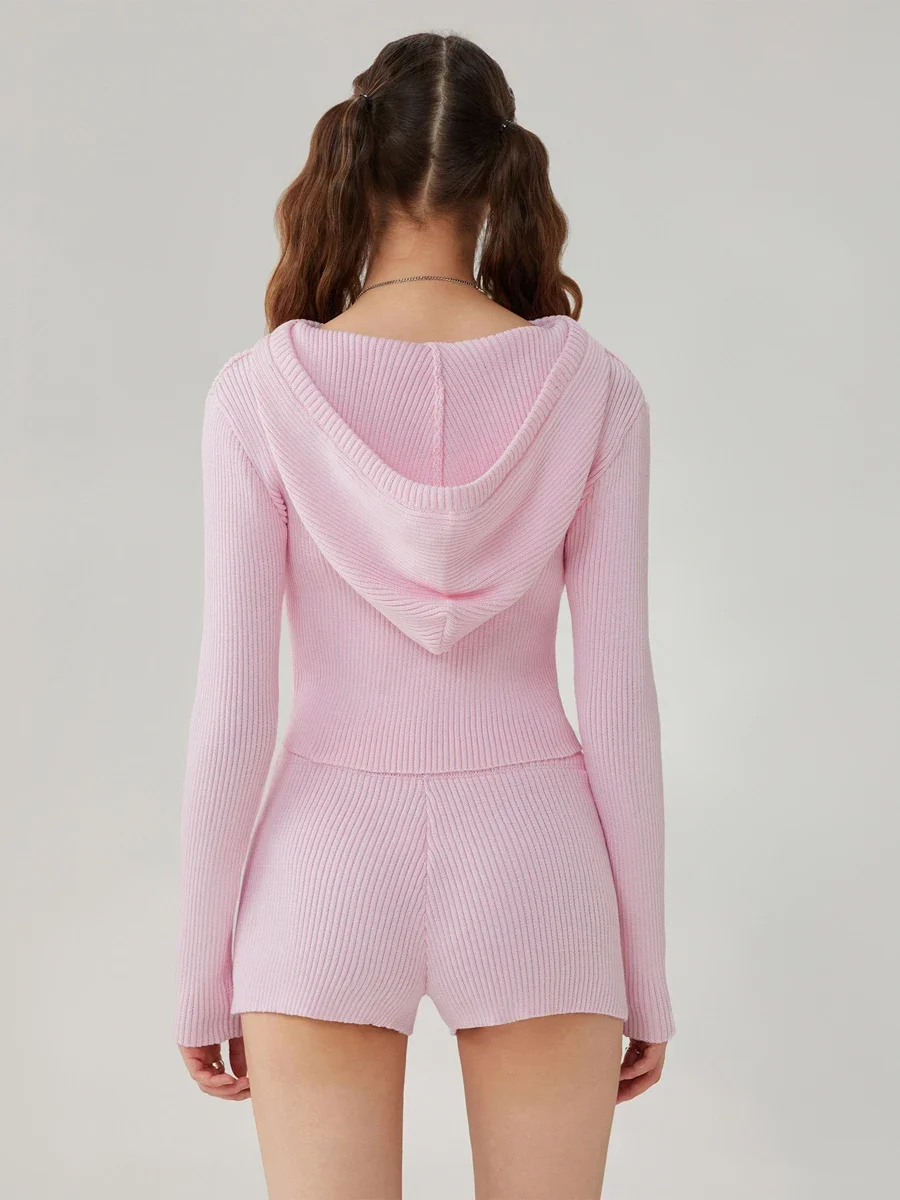 Женский вязаный комплект с шортами свитер на молнии длинным рукавом и капюшоном