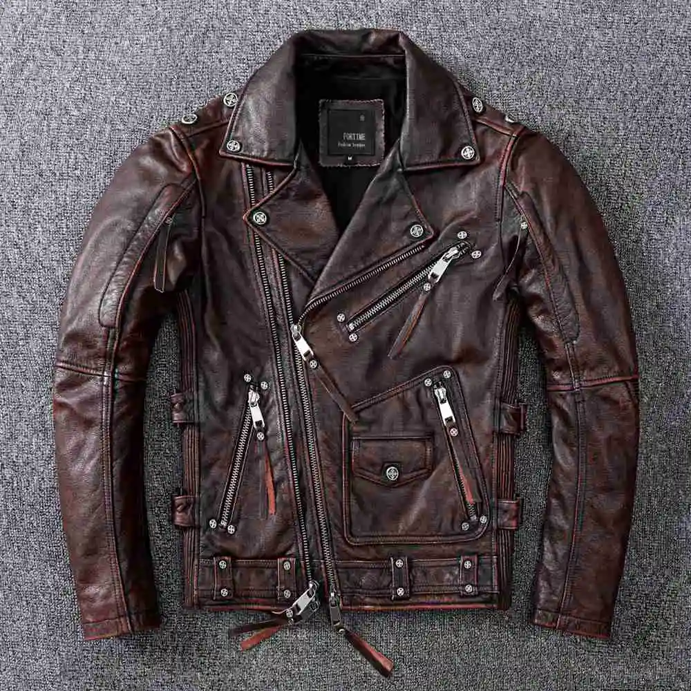 

2023 Vintage Brown Motorcycle Leather Jacket Men Natural Genuine Cowhide Jackets Autumn Slim Fit Biker's Ooblique Zipper Coat