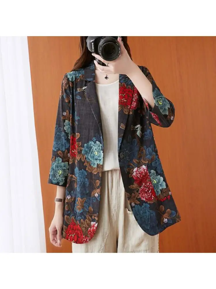 

New 2022 Summer Women Cotton Linen Print Three Quarter Cardigan Thin Blazers Casual Pockets Loose Single Button Blazer Women M98