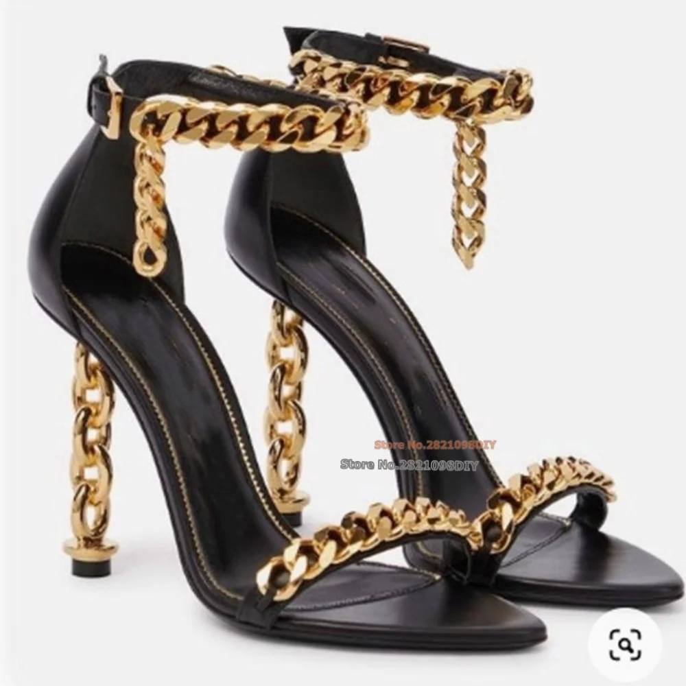 

Босоножки женские на высоком каблуке, украшенные золотыми цепочками, рельефная цепочка, бриллиантовая кожа, лето
