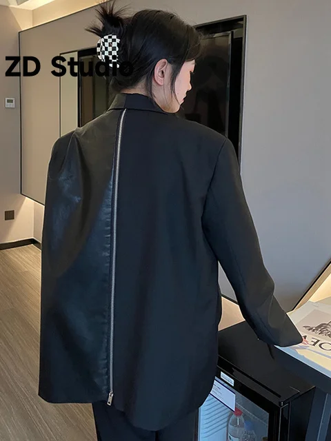 

[ZD Studio] Women Back Zipper PU Leather Size Blazer New Lapel Long Sleeve Loose Fit Jacket Spring Autumn 2023