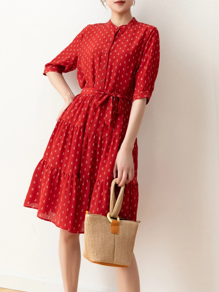 Women 100% Mulberry Silk Crepe Silk Midi Dress Crew Neck with buttons Red Anchor Printed Half Sleeve Dress belted Waist MM280