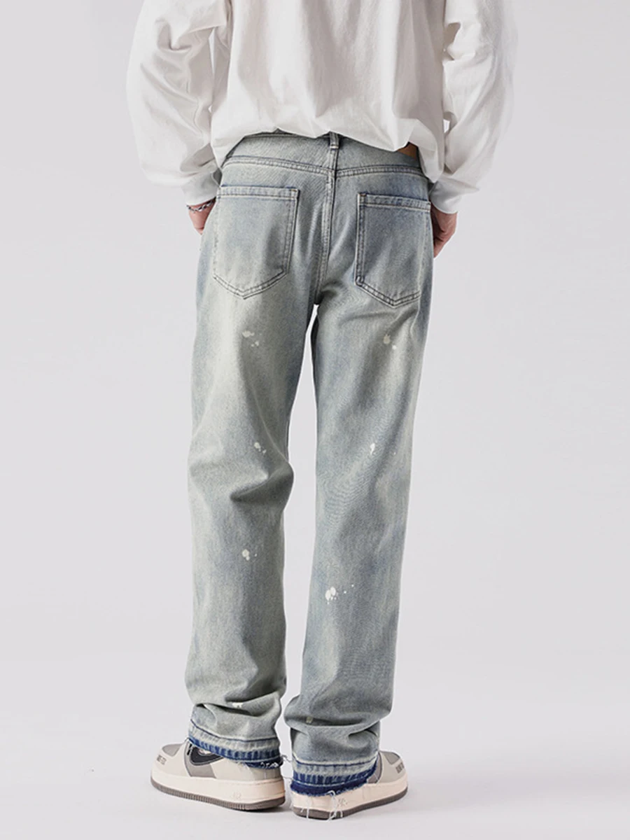Four Seasons Jeans Vibe Style American High Street Ink Splashed Edge Washed Straight Trousers Streetwear Men Ins Hot Sale JEANS
