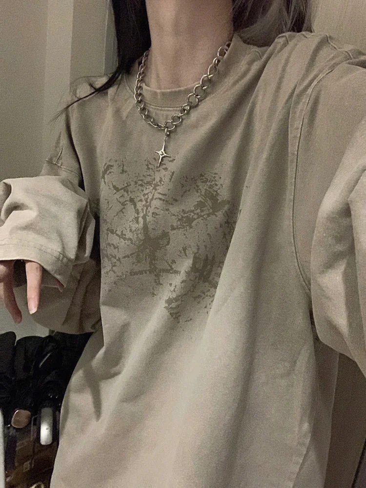

QWEEK Harajuku Khaki Long Sleeve Tshirts Women Y2k Vintage 90s Streetwear Graphic T Shirts Oversize Loose Tops Hip Hop Kpop