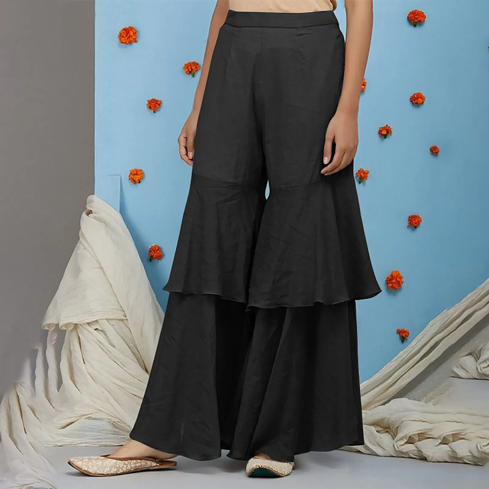

Женские свободные брюки в стиле пэчворк, женские плиссированные длинные черные брюки из вискозы с высокой талией, повседневные брюки с расклешенными штанинами и широкими штанинами