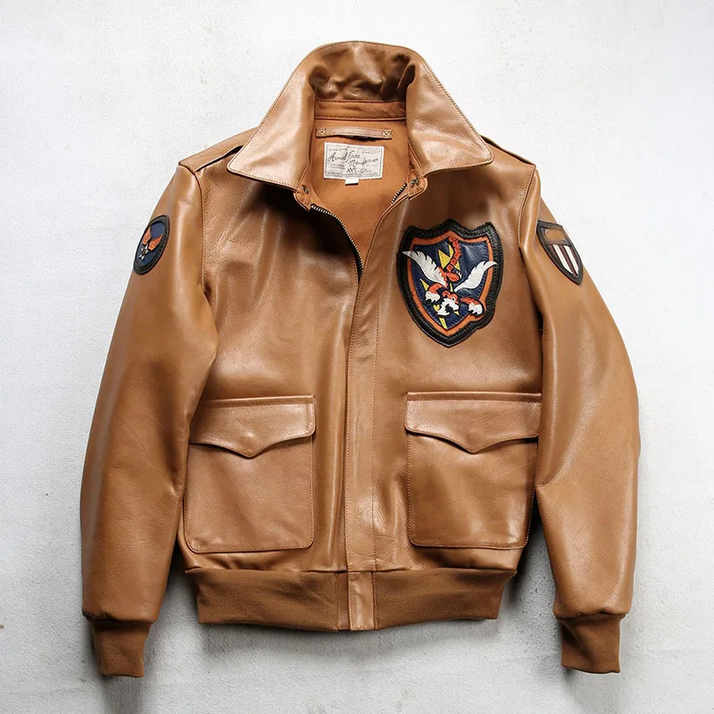 

American cartoon tiger pattern spring and autumn models G1 pilot real leather jacket men's lapel casual yellow leather clothing