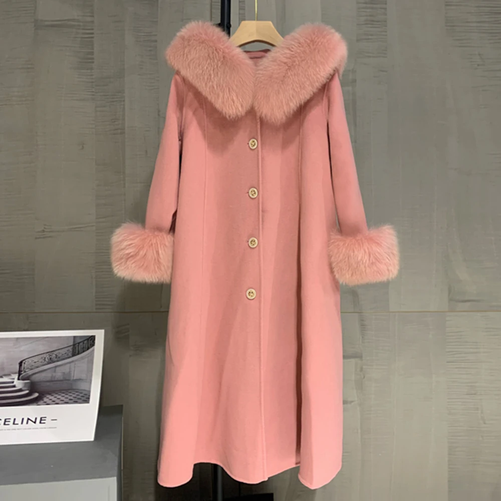 New Winter Jacket Women Wool Coat Large Real Fox Fur Collar Hooded Jackets Fashion Warm Luxury Ladies Overcoat Streetwear