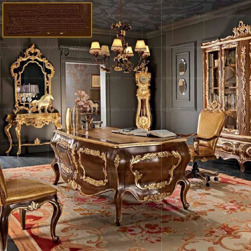

custom Villa study furniture European style bookcase combination solid wood carved home boss computer desk