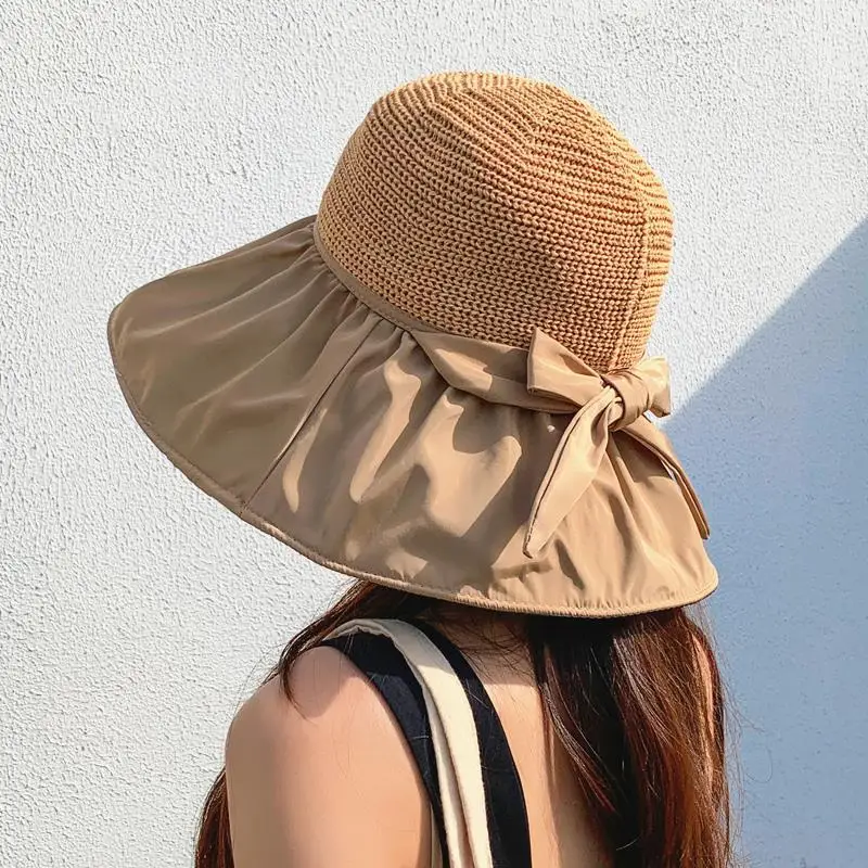 

NewSun Hats For Women Summer Black Glue Bow Female Panama Hollow Straw Hat UV Protection Big Brim Face Sunscreen Sun Bucket-Hats