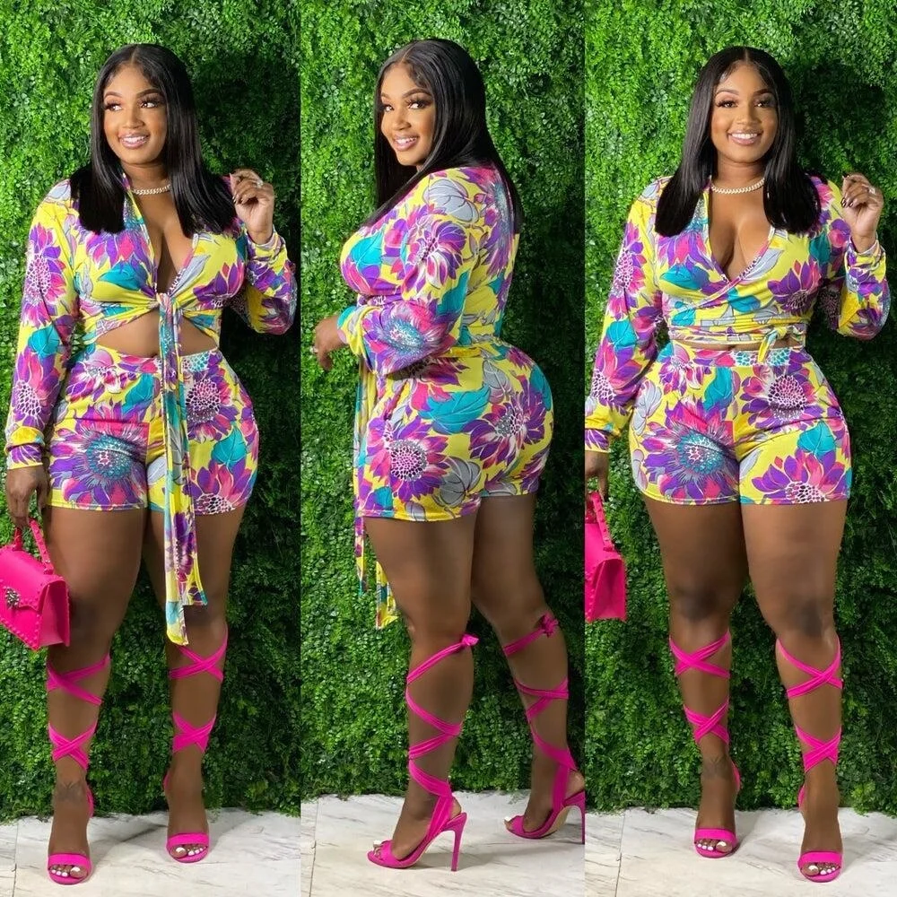 

Cutubly Set Of Two Pieces Women's Shorts Sets 2 Piece Sets Womens Outifits Tracksuit Female Clothes Print Long Sleeve Crop Tops