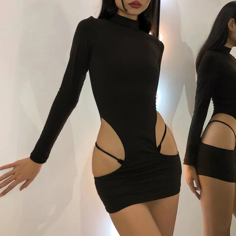 

autumn winter new 2022 women's sexy hollow out tight show thin solid color dress