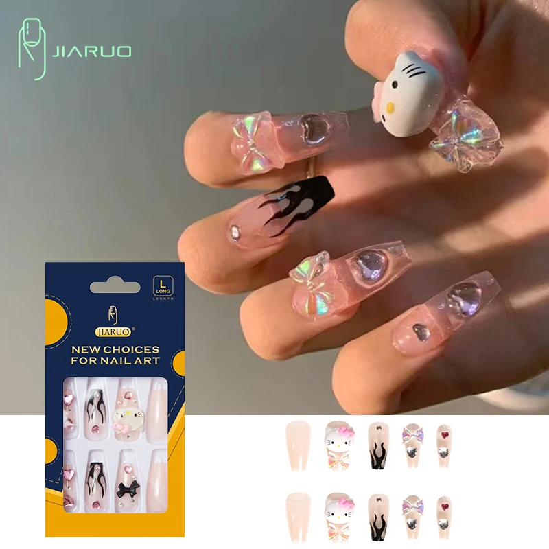 

JIARUO 24PCS/BOX Long Coffin Press on Nails False Nail Art Y2k Millennium Spice Girl Nail Cute Rhinestone Peach Heart Cat Nails