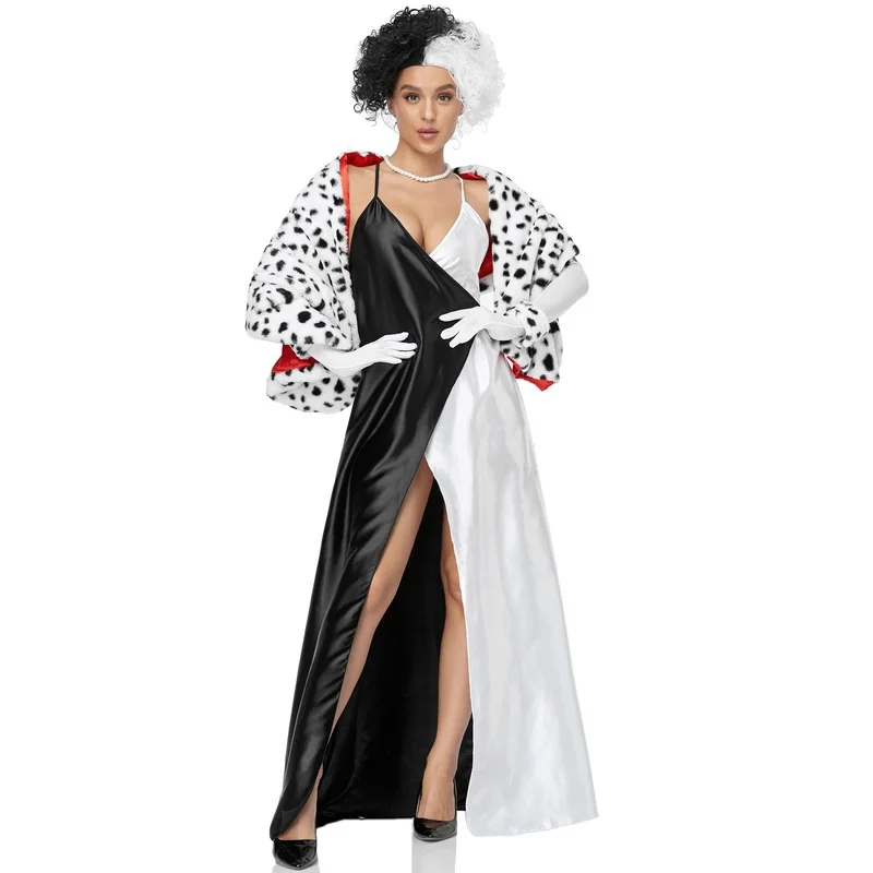 

Мультяшные костюмы для косплея Cruella De Vil, Женские Костюмы Клоуна, цирка, ужаса, Cruella De Vil, полный комплект с париком для Хэллоуина, карнавала Ве...