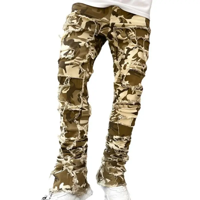 

Mens Stacked Jeans Ripped Distressed Skinny Denim Pants Fit Stretch Jeans Frayed Stacked Straight Leg Trouser Streetwear Hip Hop