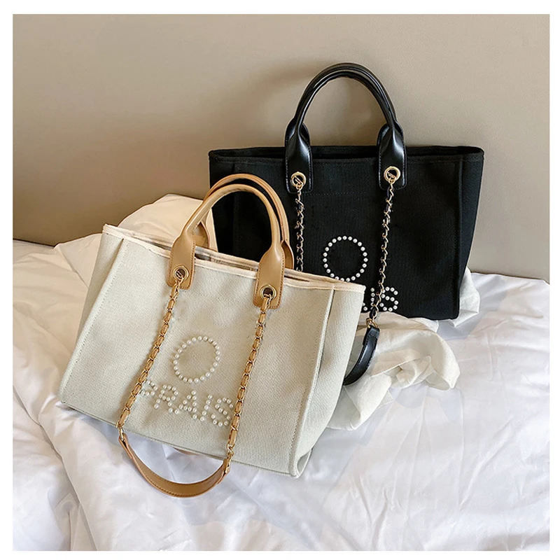 

Luxury Pearl Canvas Bag Large Summer Beach Shopper Bag Women Famous Designer Tote Purse White Shoulder Handbag with Chains