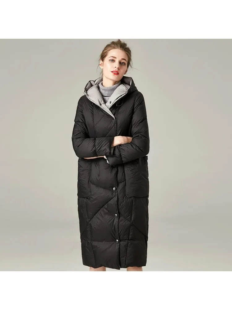 2022 Winter Hooded Thick Fashion Loose Cocoon Blue Long 90 White Duck Down Coats Women Black Warmer Bread Jackets