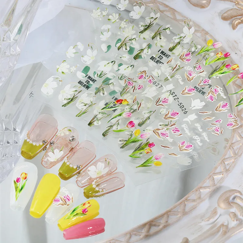 

2Sheets New 5D Nail Art Stickers Tulip Camellia Embossed Five-petal Flower With Adhesive Nail Decals DIY Manicure Decorations