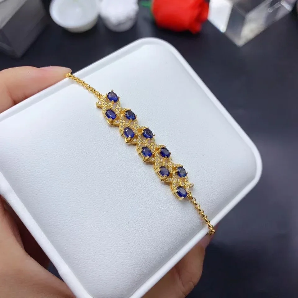 Браслет из твердого серебра 925 пробы с сапфиром и толстым позолотой 18 карат 3 мм * 4