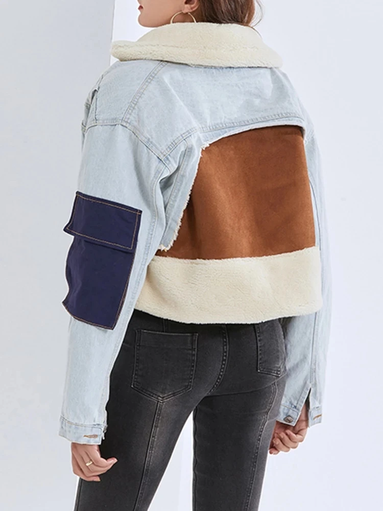 ZADORIN 2023 Winter Cropped Faux Wool Fur Jacket Women Patchwork Hit Color Motorcycle Denim Jacket With Woolen Inner Fur Coats
