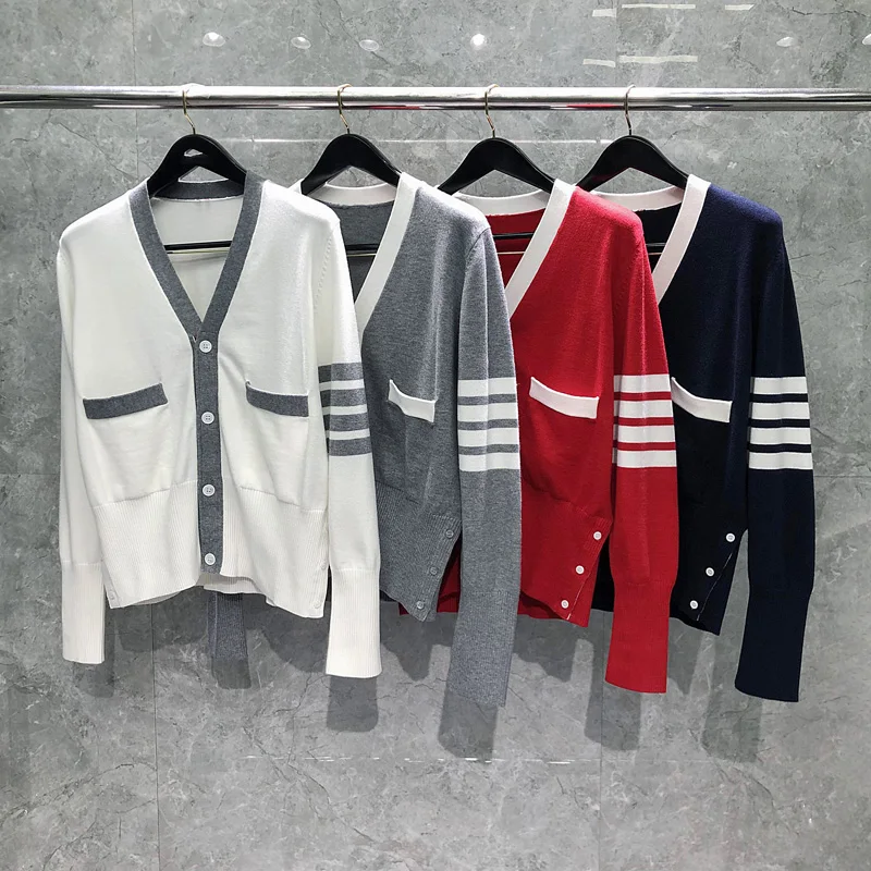 TB THOM Cardigan Sweater Patchwork Fashion Korean Design Causal Sweaters Luxury Brand Outdoor Women Simple Knit Cardigan