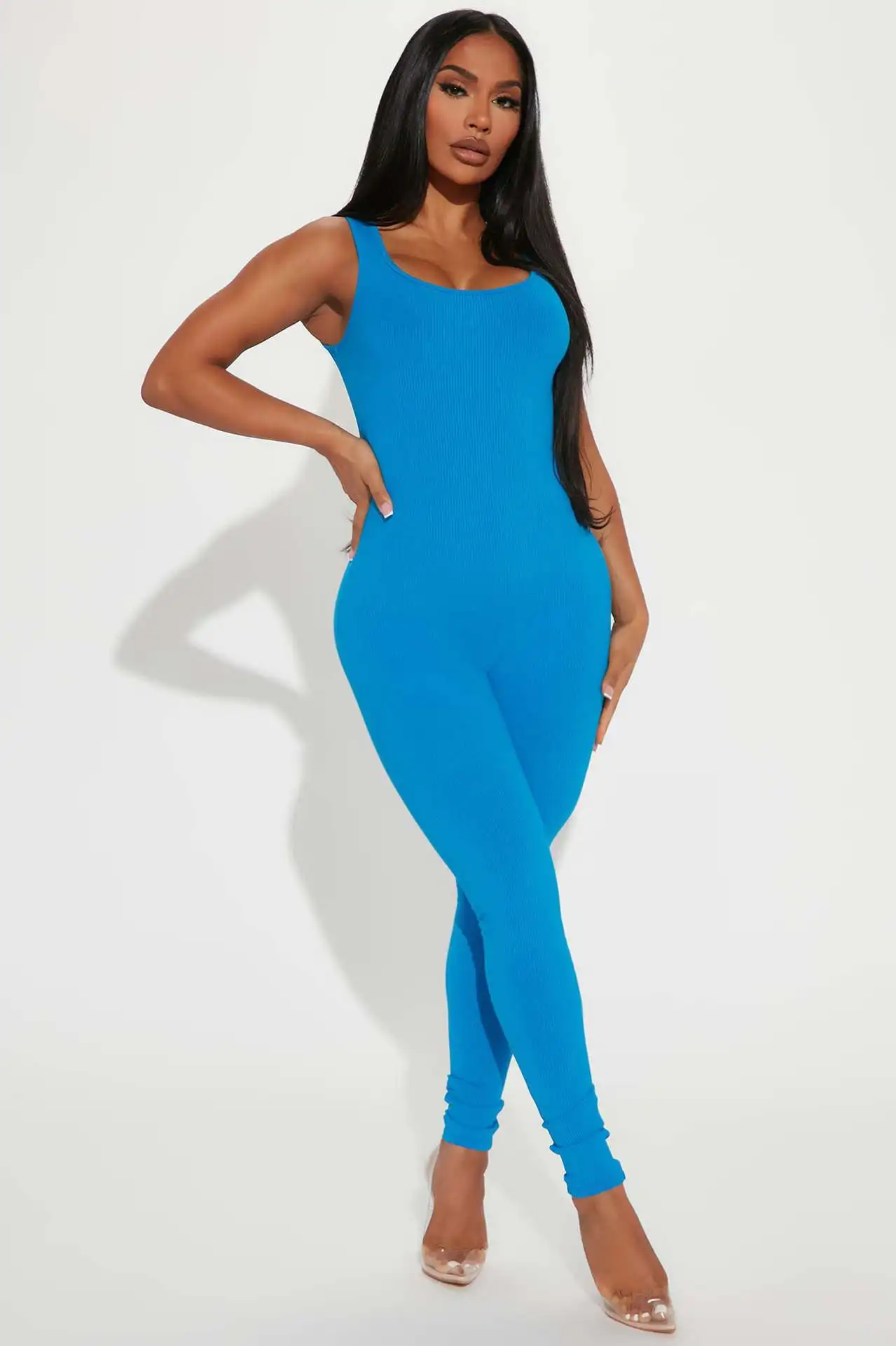 European and American women's new fashion threaded square neck sports vest with hip lifting jumpsuit jumpsuit women