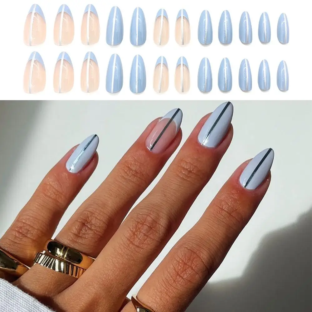 

24pcs Detachable DIY Press on Nails Full Cover False Nails Long Almond Fake Nails Blue Silver Line
