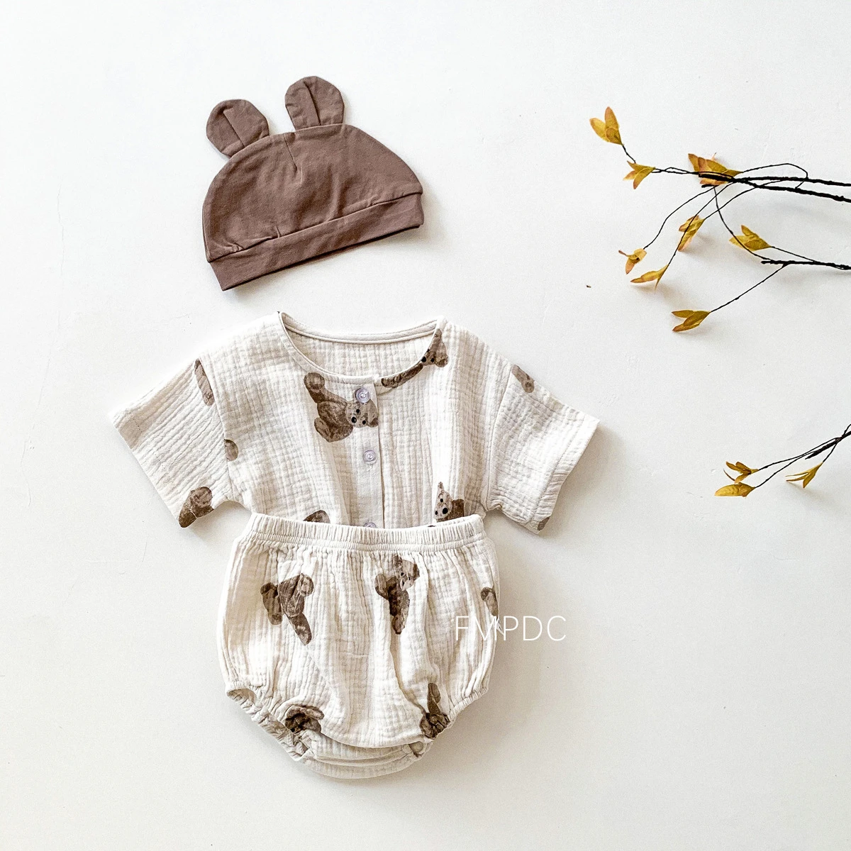 

INS Summer Baby Boys Clothes Sets Girl Kids Cotton Short Sleeve Cardigan T shirts Tops+Shorts PP Pants+Bear Ear Hat 3Pcs Suit