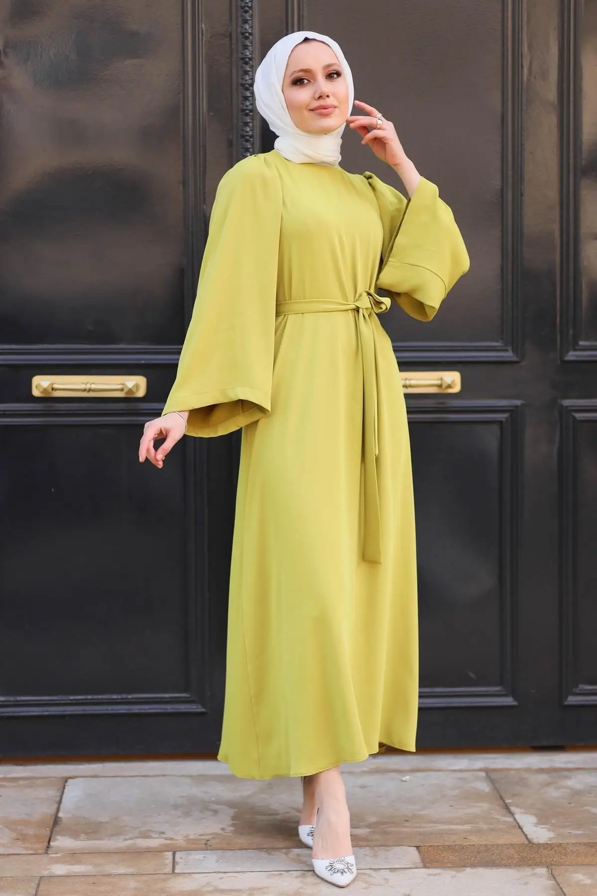 Женский горчичный мусульманский модный хиджаб одежда портативный пояс без подкладки с поясом атласное платье Бесплатная доставка