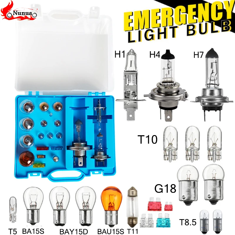 

20Pcs/Set BA15S BAY15D Auto Halogen Spare Light Emergency Lamp T5 T8.5 T10 G18 H1 H4 H7 Fog Light Turn Lamp Headlight FUSE Kit