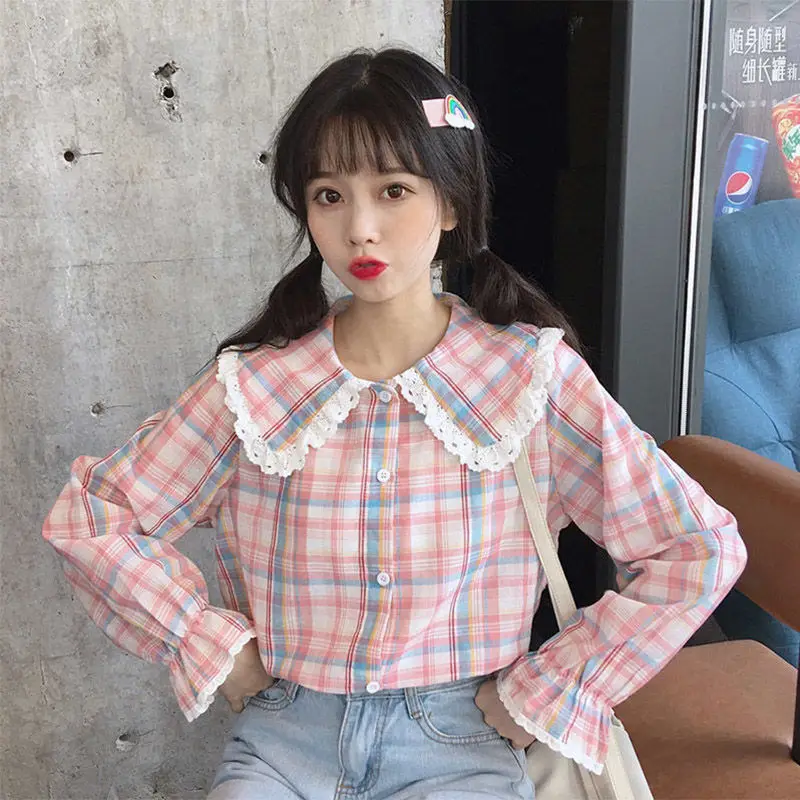 Японская хлопково-льняная клетчатая рубашка с длинными рукавами для женщин