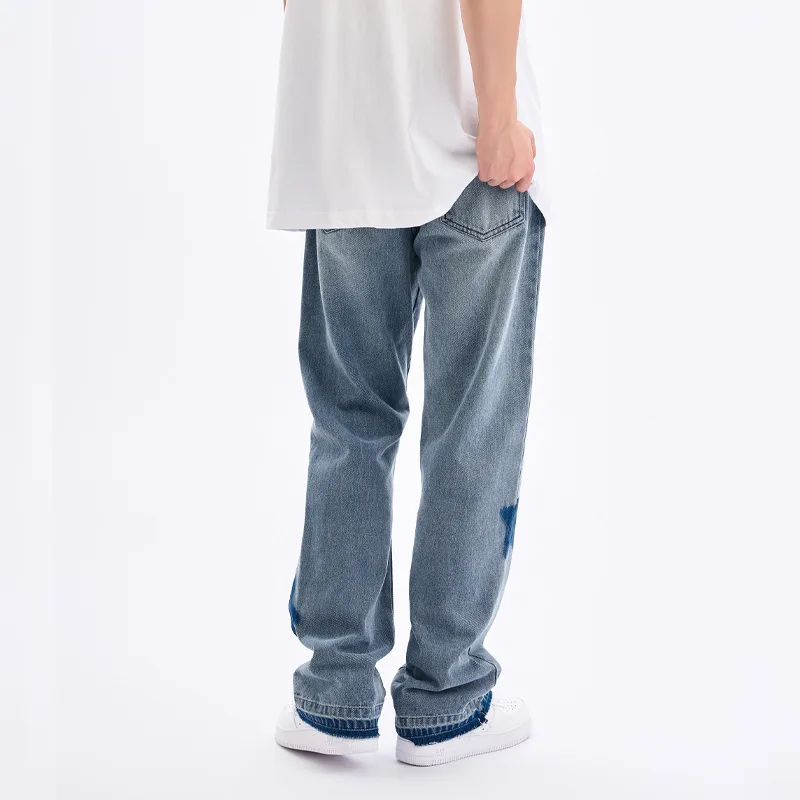 Four Seasons Men's Trousers Trend Ripped Jeans Pentagram Pattern Loose Straight Pants Ins Hot Sale Boyfriend Jeans Ins Hot Sale