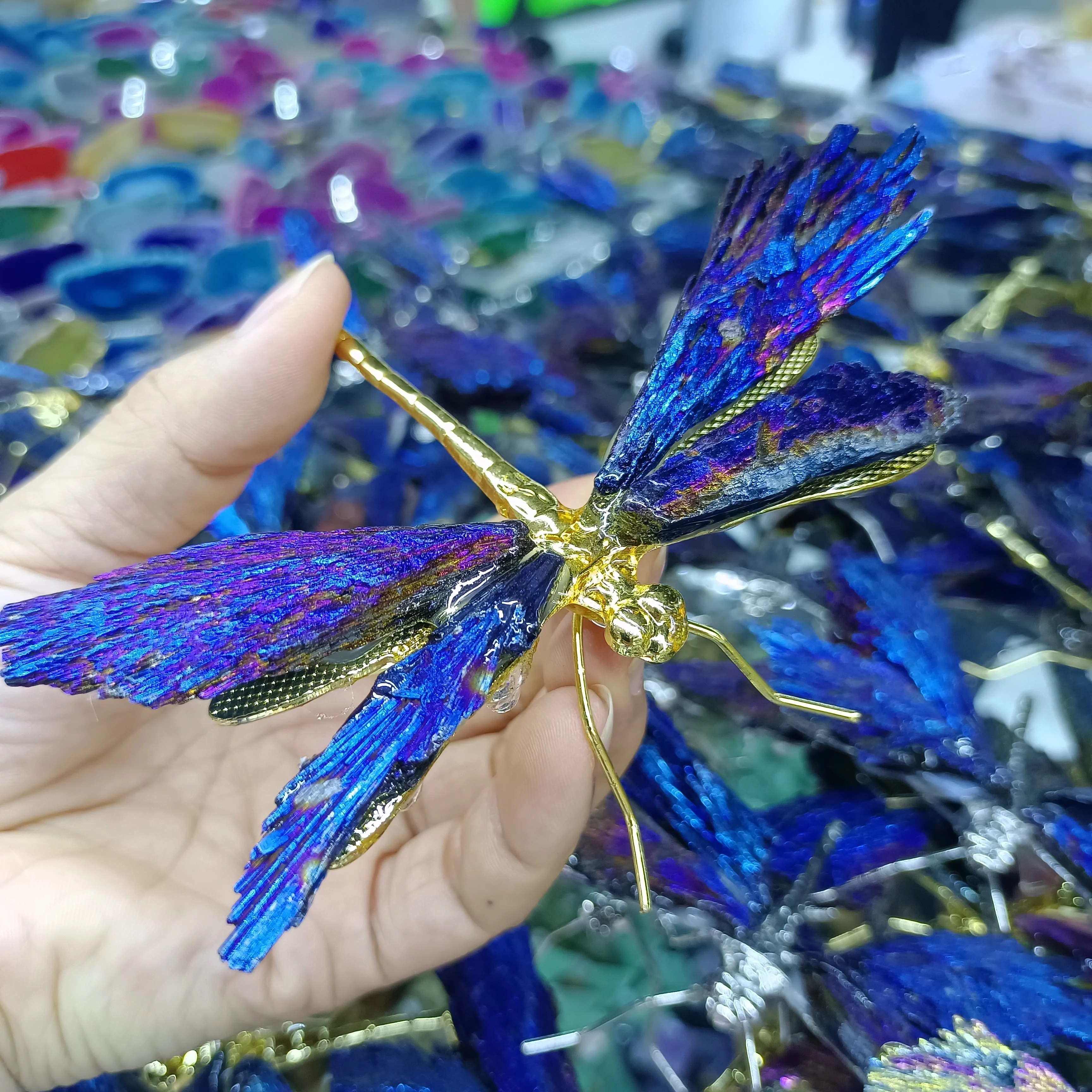 

Electroplated Natural Black Feather Tourmaline Handmade Dragonfly Quartz Crystal Mineral Specimen Reiki Spiritual Healing