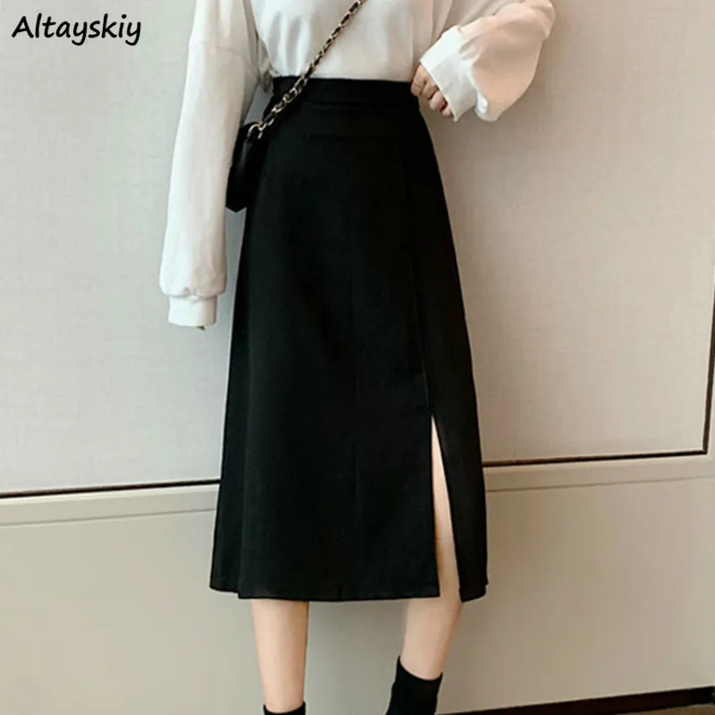 

Skirts Women Empire Slim Simple Solid Side-slit Elastic A-line Casual All-match Aesthetic Autumn Fashion Korean Style Trendy