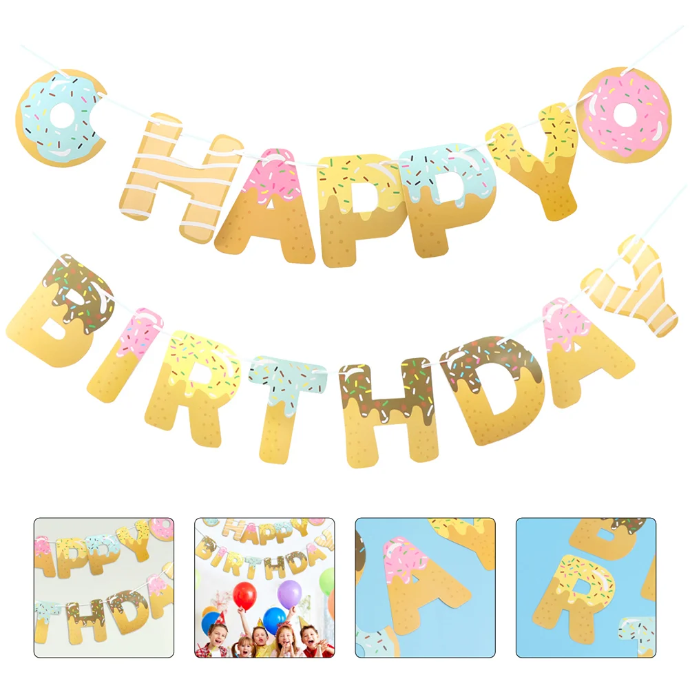 2 Sets Donut Time Decorations Cupcake Toppers Cartoon Birthday Banner Flower Decor Baby Decor