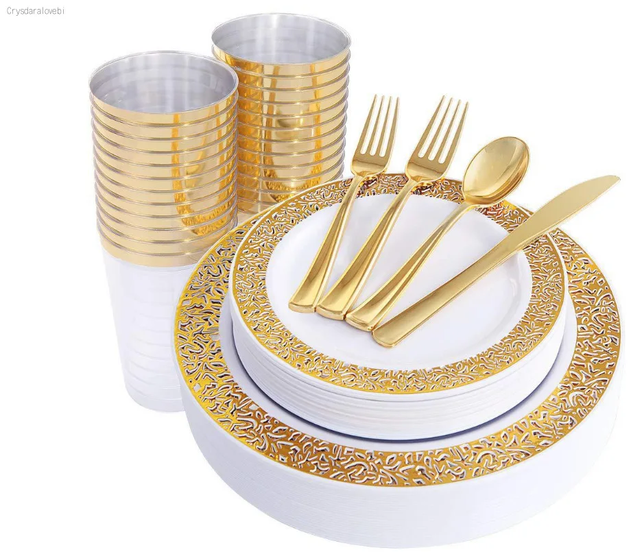 

Disposable Cutlery Clear Gold Plastic Tray with Disposable Silverware Glasses Birthday Wedding Party Supplies 10 Person