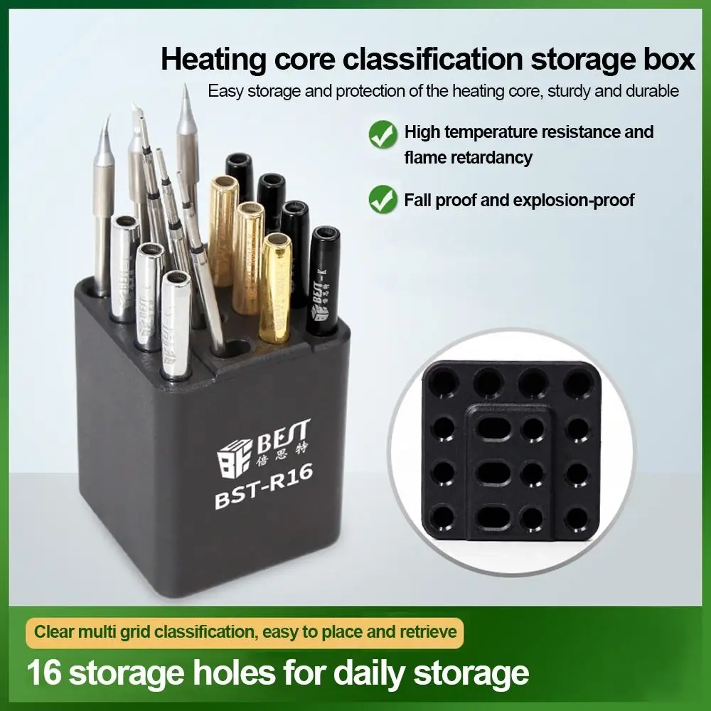 

BST-R16 коробка для паяльных головок, портативный органайзер с 16 отверстиями, чехол, прочный для T12 JBC T210/T245/C115, наконечники паяльника