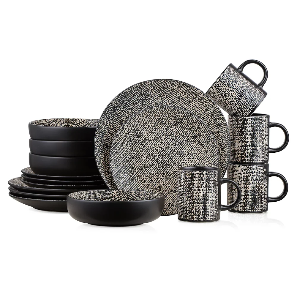 

Sophie Rustic Stoneware Dinnerware Set for 4, Brown and Black Textured Ceramic Tableware Set